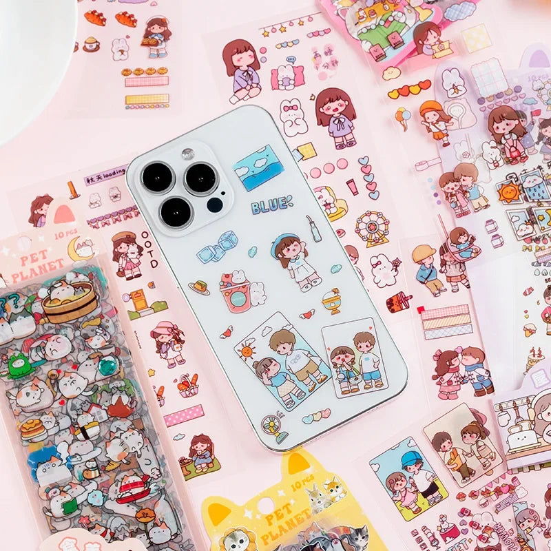 sticker kawaii adhésif dessins animés chats floraux textes scrapbooking transparent rose vert bleu blanc