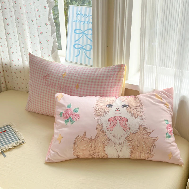 parure lit enfant fille rose chat mignon housse couette drap taies oreiller coton