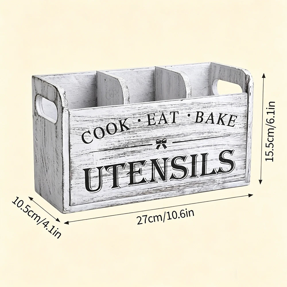 boîte ustensiles cuisine blanc vintage imprimé cook eat bake rustique multifonctionnelle