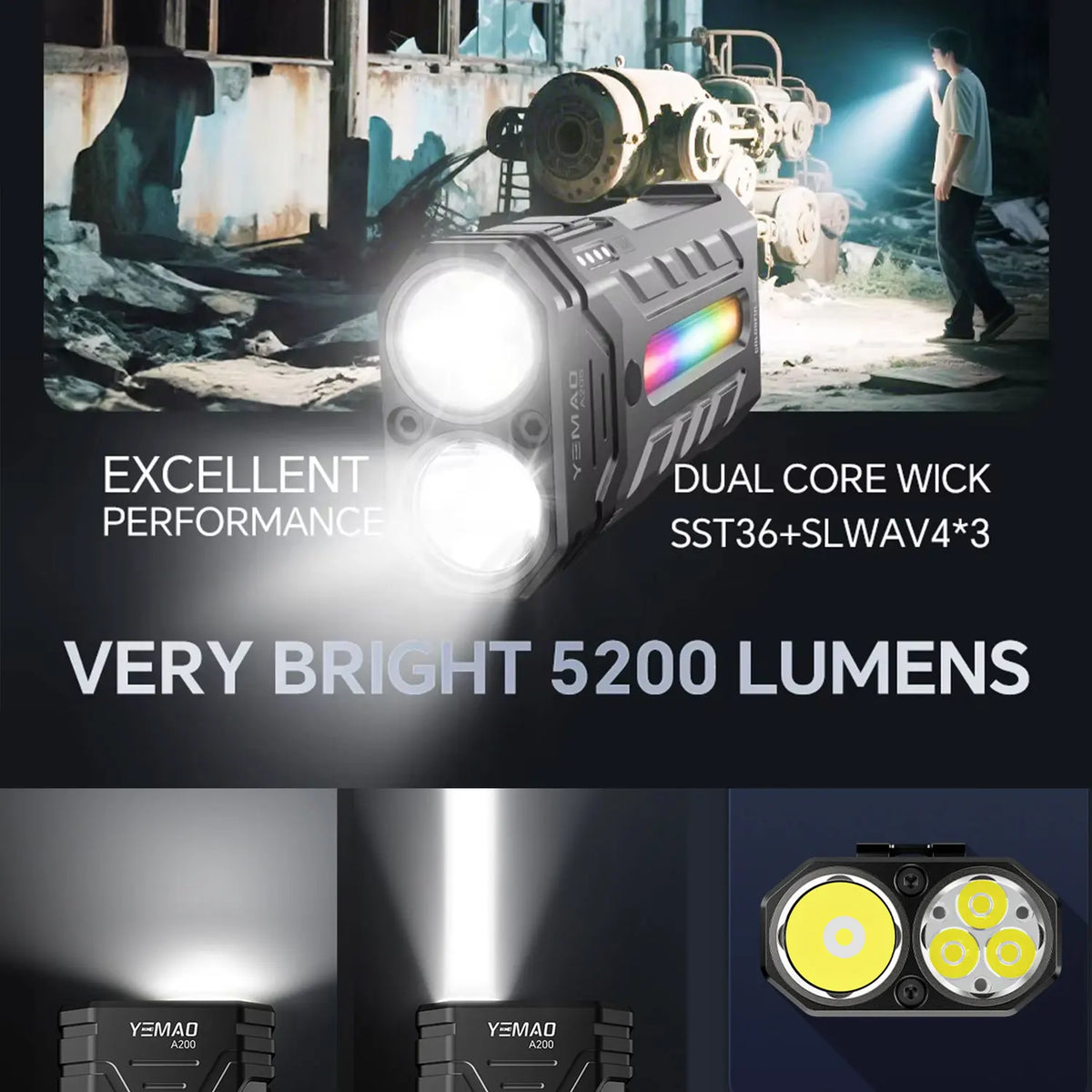 lampe torche noire led rechargeable intense outdoor camping 5200 lumens texturée clip casquette