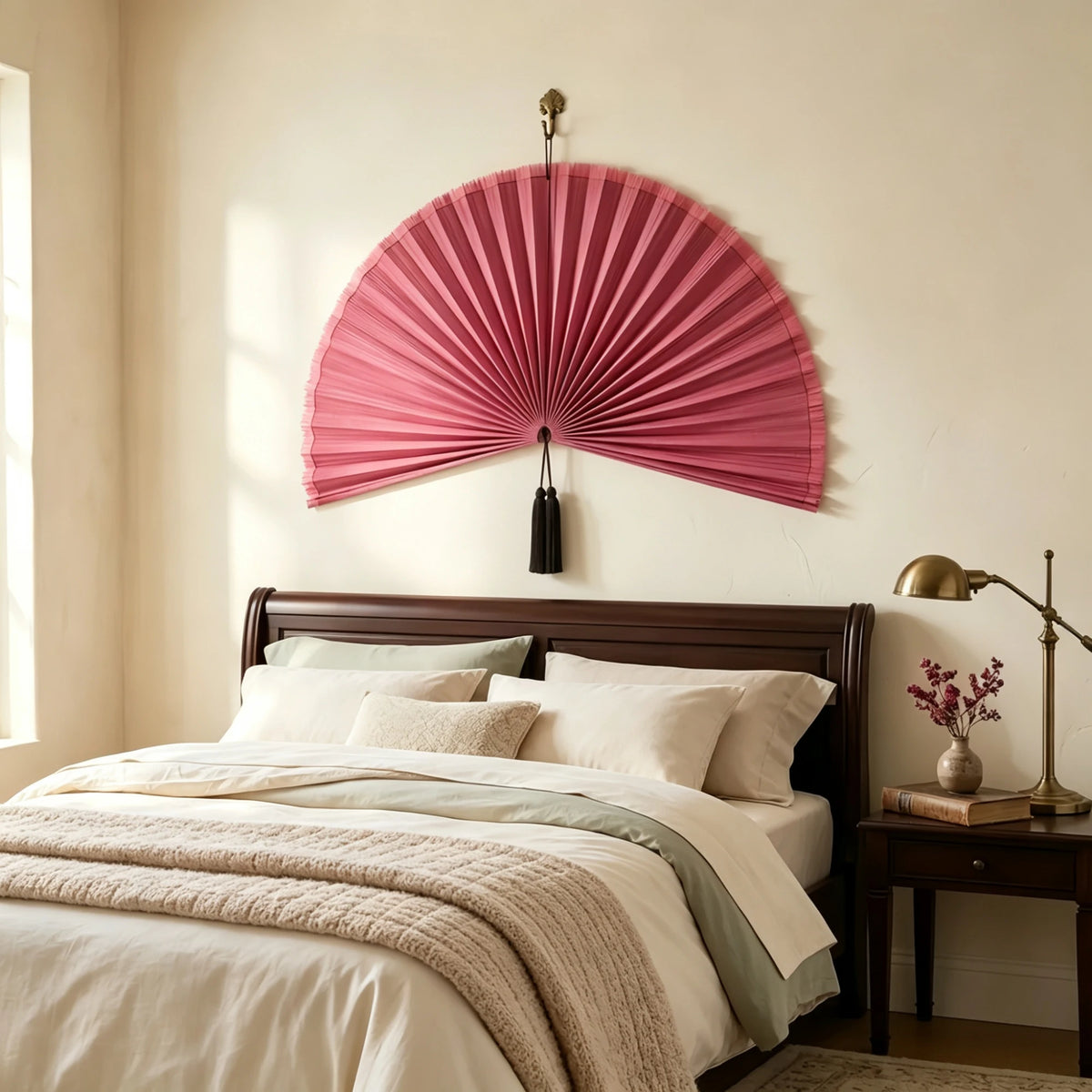 éventail mural rose rayures horizontales tassel noir crochet classique chambre salon decoration faite main