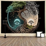 tapisserie murale contemporaine arbre feuilles oiseaux paysage noir vert gris bleu doré