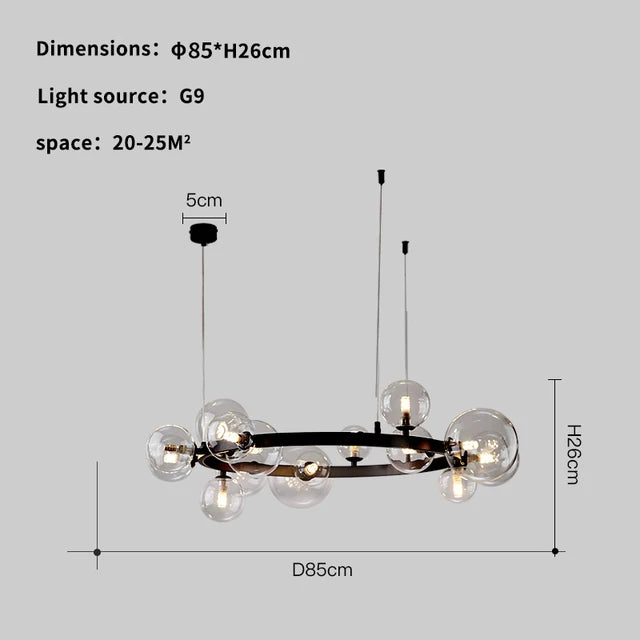 suspension lumineuse moderne noir boules transparentes scandinave chaînes suspendues interrupteur poussoir lumière salon cuisine