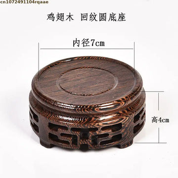 support présentation bois vintage base ronde marron foncé gravures décoratives traditionnel vase plante