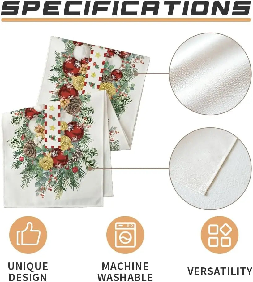 Une magnifique couronne de Noël ornée de boules rouges, de pommes de pin et de branches de sapin sur un fond clair avec des motifs géométriques.