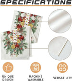 Une magnifique couronne de Noël ornée de boules rouges, de pommes de pin et de branches de sapin sur un fond clair avec des motifs géométriques.