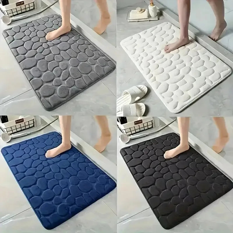 tapis bain moderne beige bleu marine gris motif cailloux adhésif respectueux environnement rapide séchage