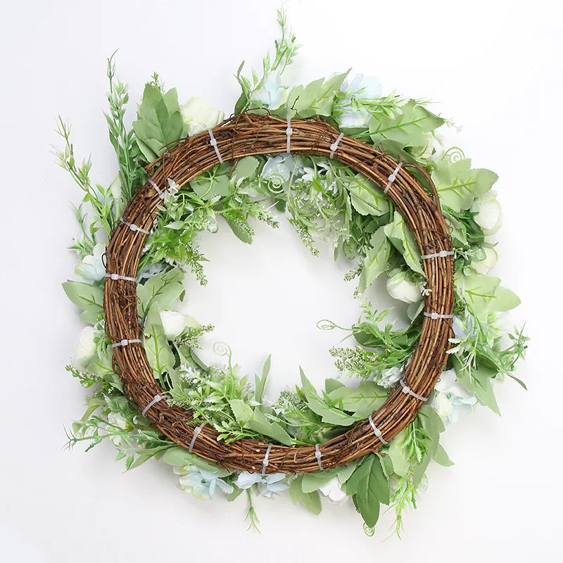 décoration murale couronne florale artificielle rose clair blanc vert rustique