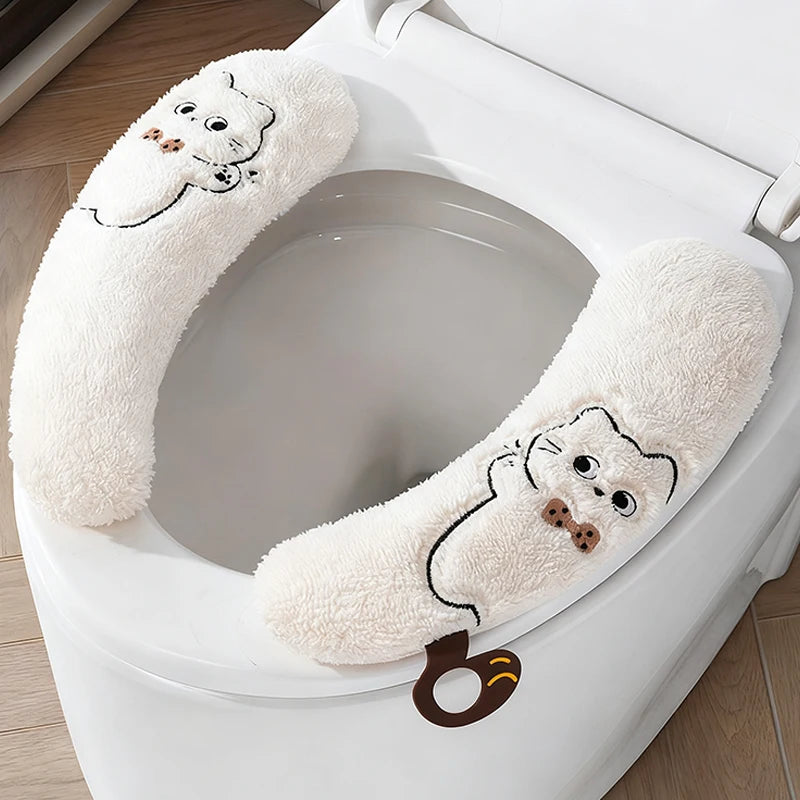 couvre siege toilette peluche blanc jaune imprimé chien doux decoratif anneaux métalliques salle bain