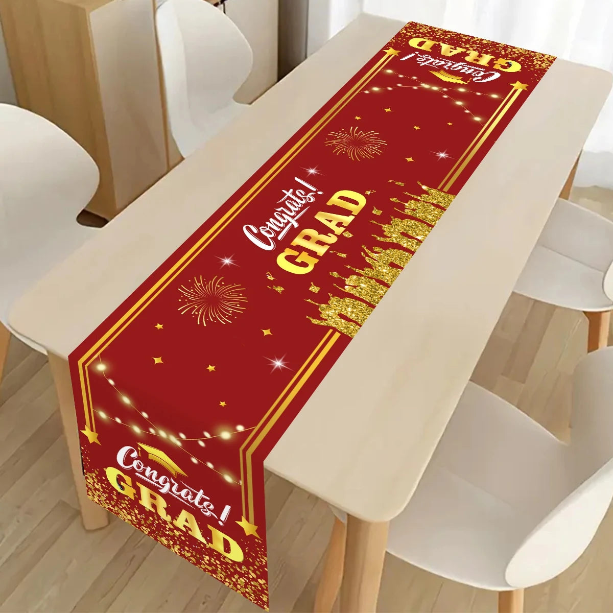 nappe table fête remise diplôme motifs cérémonie confettis étoiles feu artificiel polyester noire or