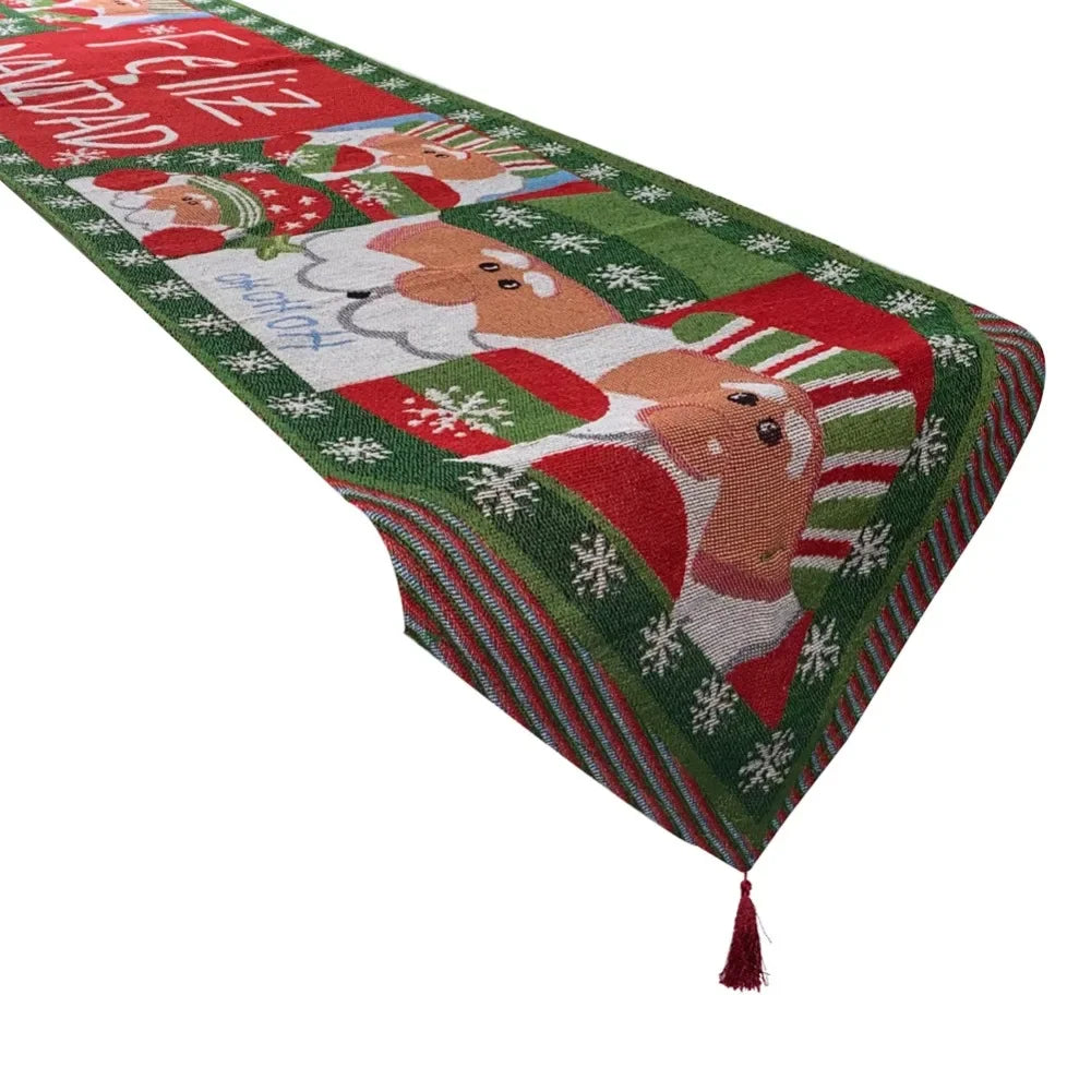 table noël chemin table motifs flocons rennes sapins tassel rouge vert festive decoration