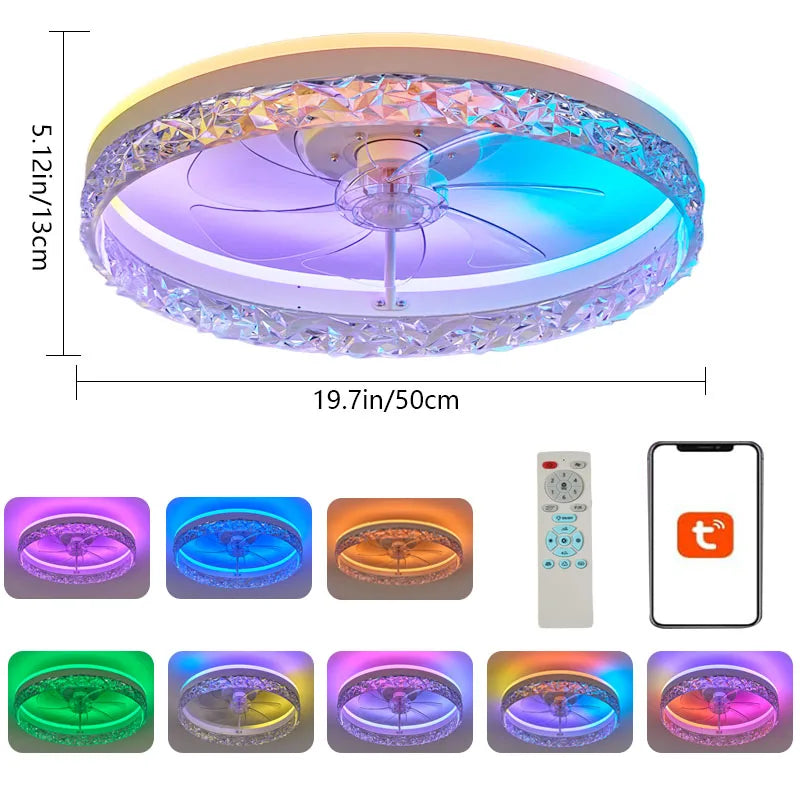 ventilateur led intelligent rvb vitesses ciel étoilé moderne cristal translucent télécommande