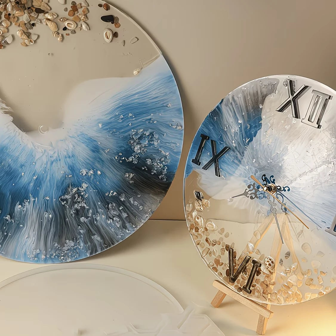 moule silicone horloge grande taille chiffres romains vagues abstraites coquillages transparent décoration maritime vintage