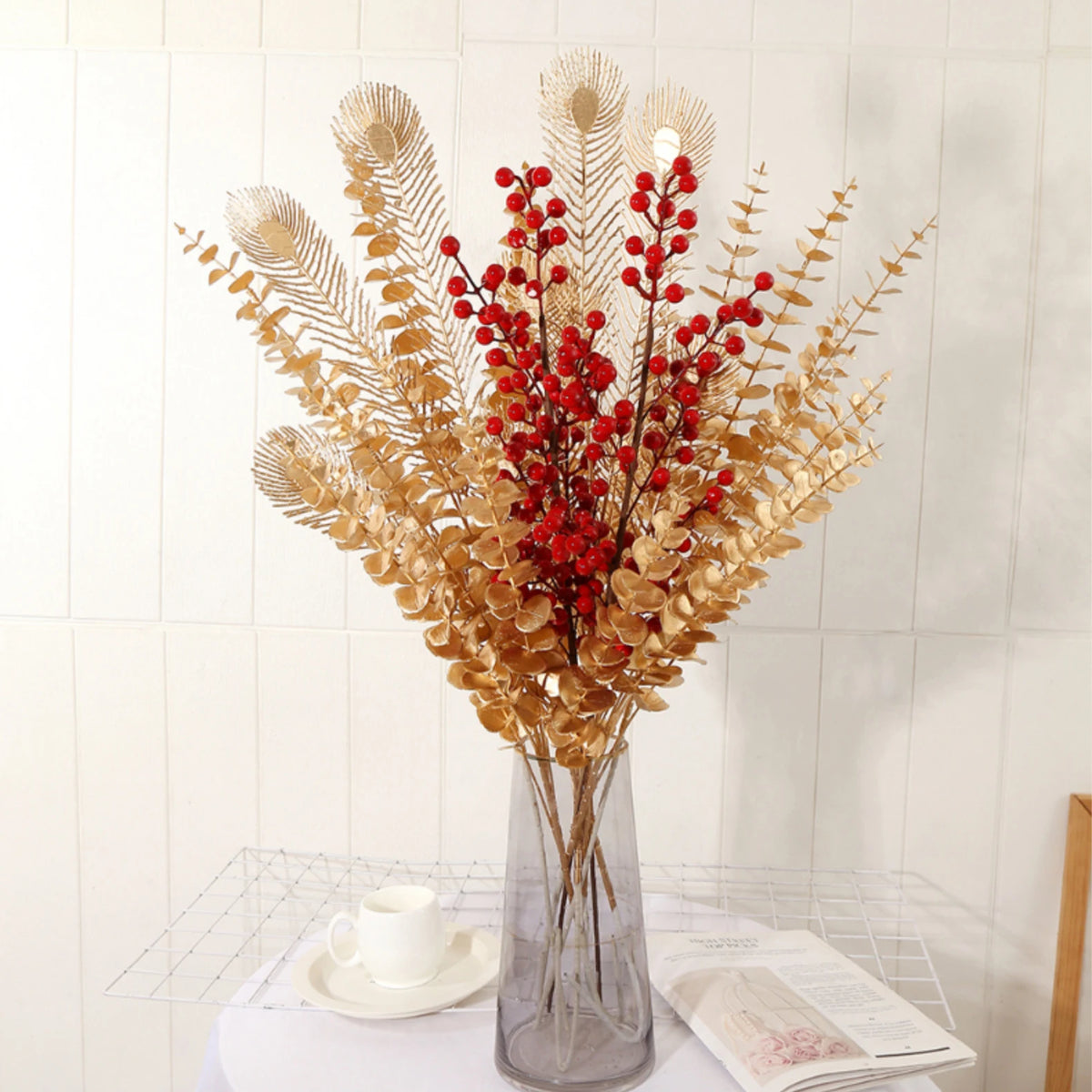 bouquet artificiel moderne feuilles coeurs or rouge décoration élégante intérieur extérieur noël mariage
