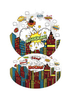 assiettes jetables multicolores illustration ville pop art kaboom pow wow anniversaire événement festif
