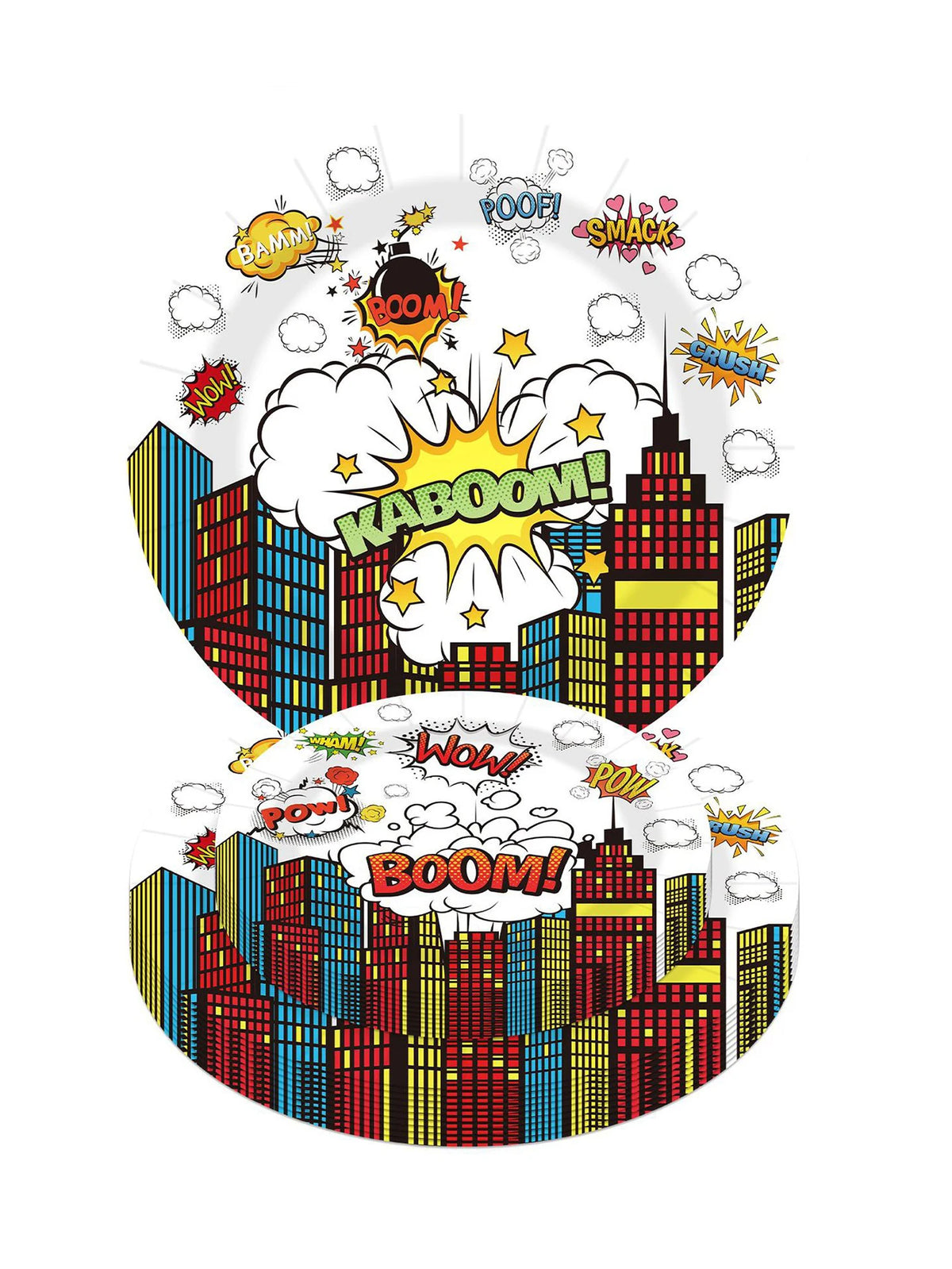 assiettes jetables multicolores illustration ville pop art kaboom pow wow anniversaire événement festif