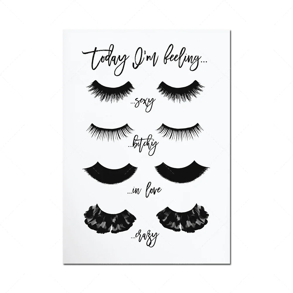 L'image présente différents types de cils avec des expressions décrivant les humeurs de la personne en portant. Cette image exprime des émotions variées à travers des illustrations de maquillage.