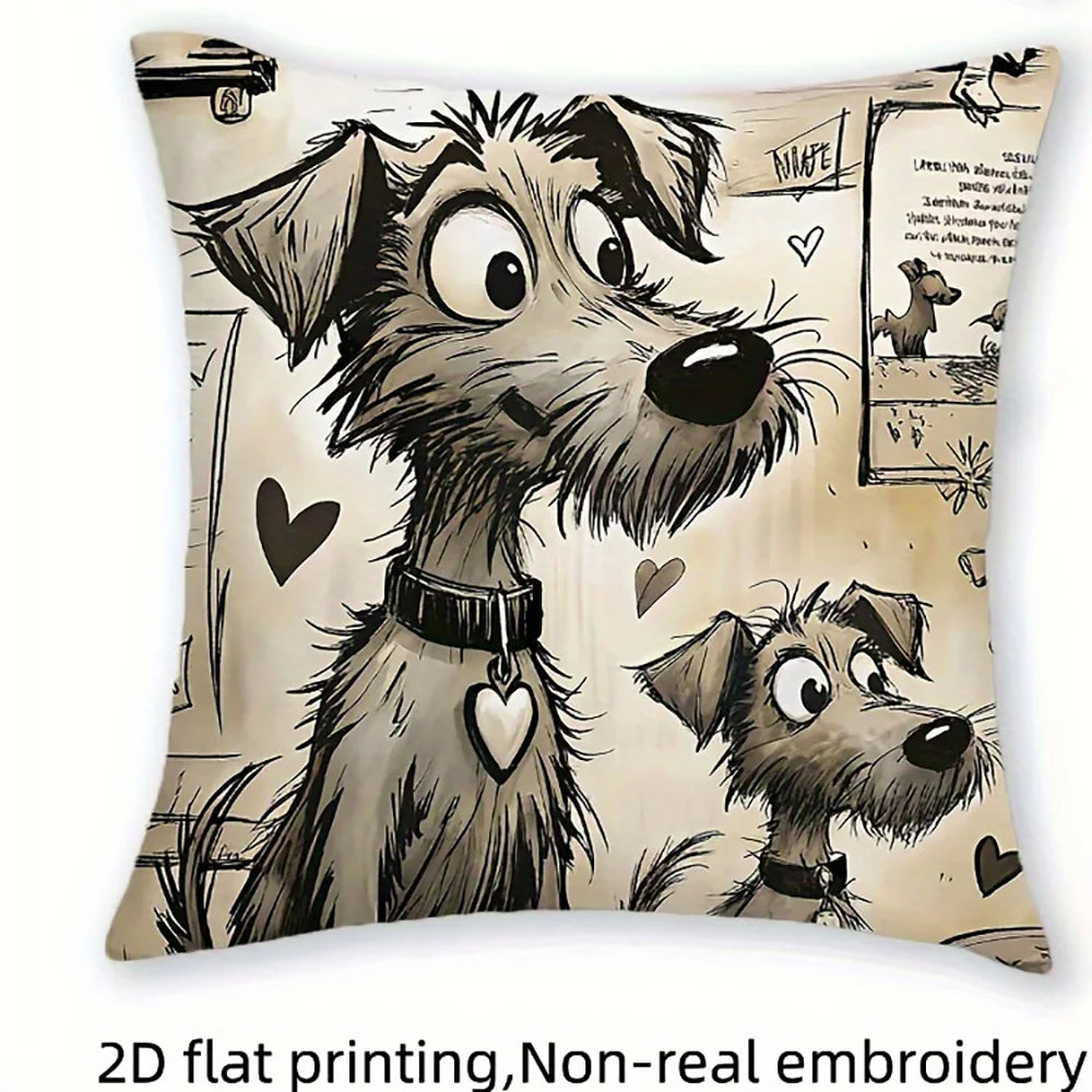 coussin chien mignon coeurs clés illustration cartoon blanc noir beige