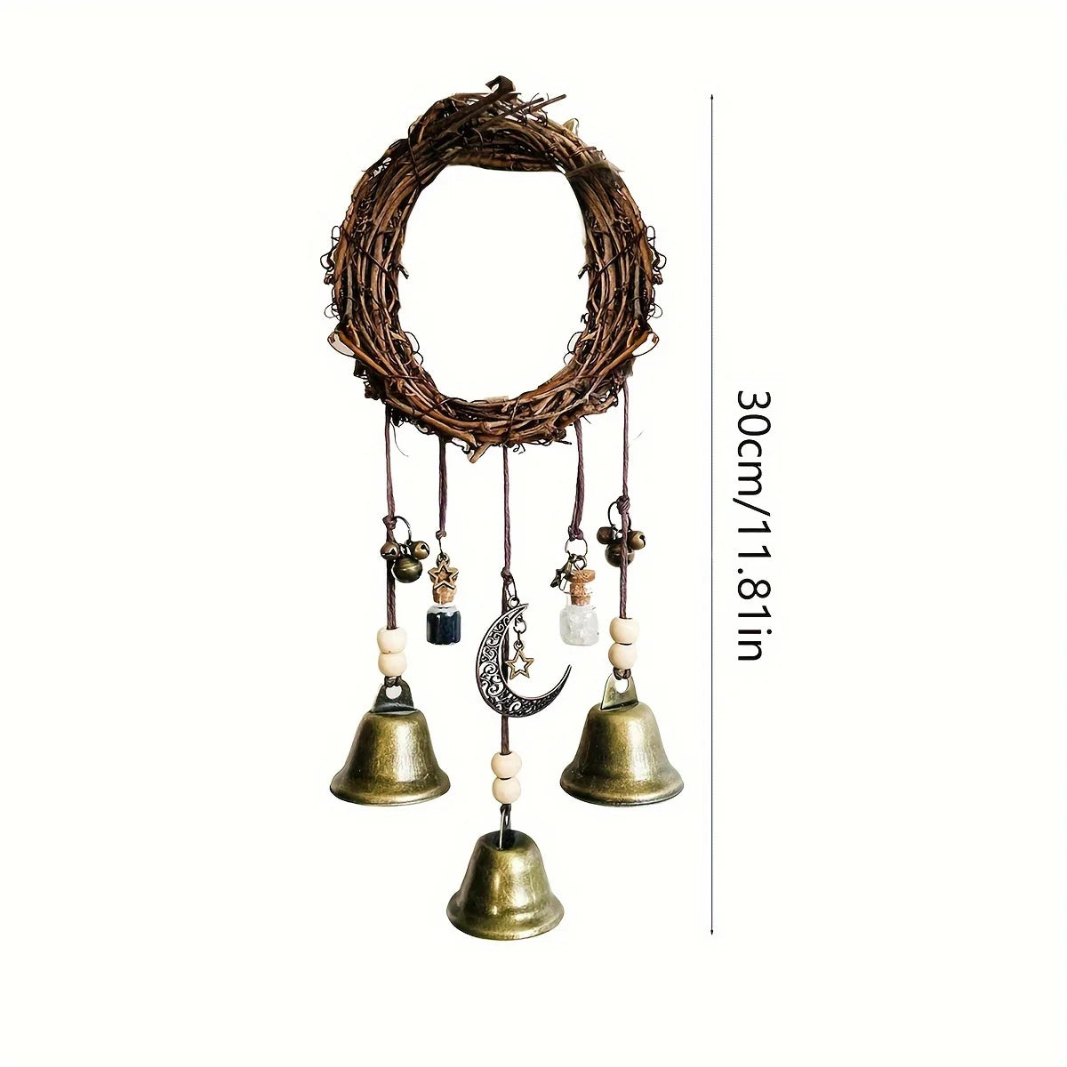 pendentif boho rustique cloches métalliques vigne naturelle brunes lune étoile globe terrestre decoration maison