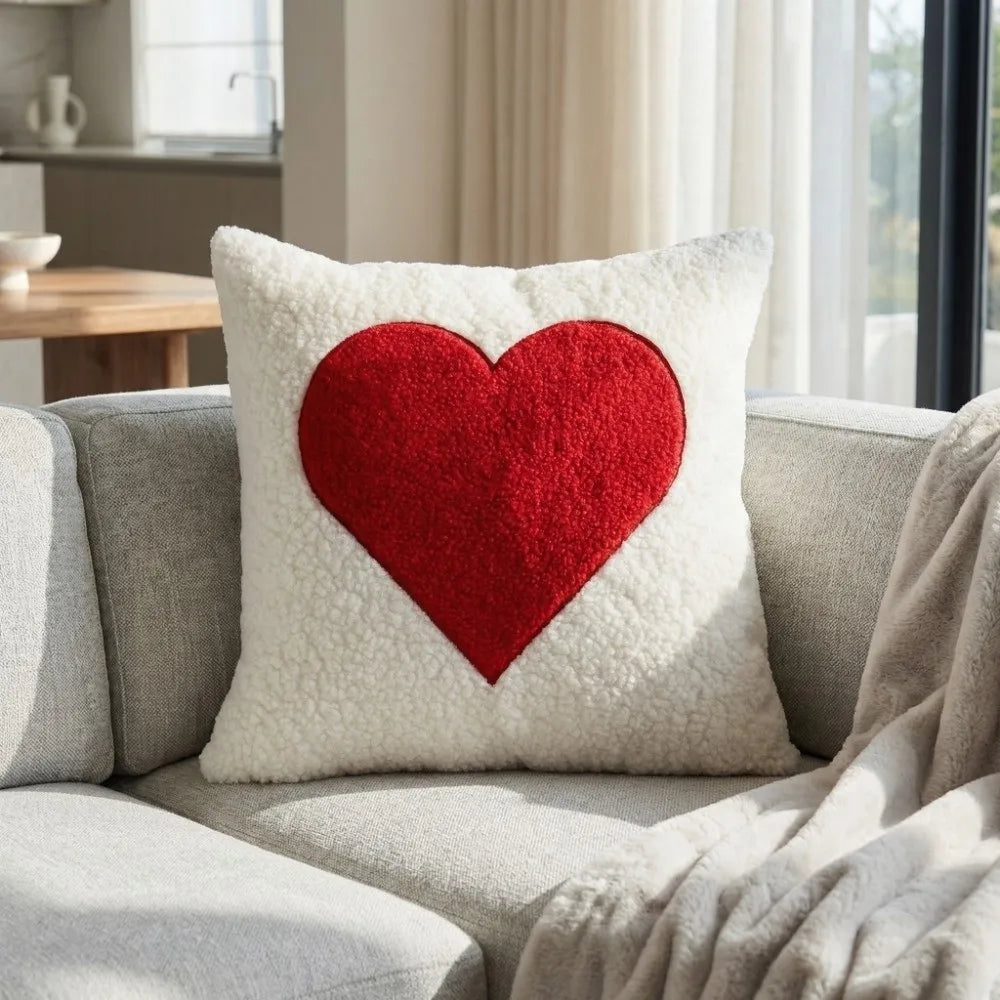 housse coussin décorative cœur rouge blanche moelleuse lit maison romantique cosy 45cm 45cm