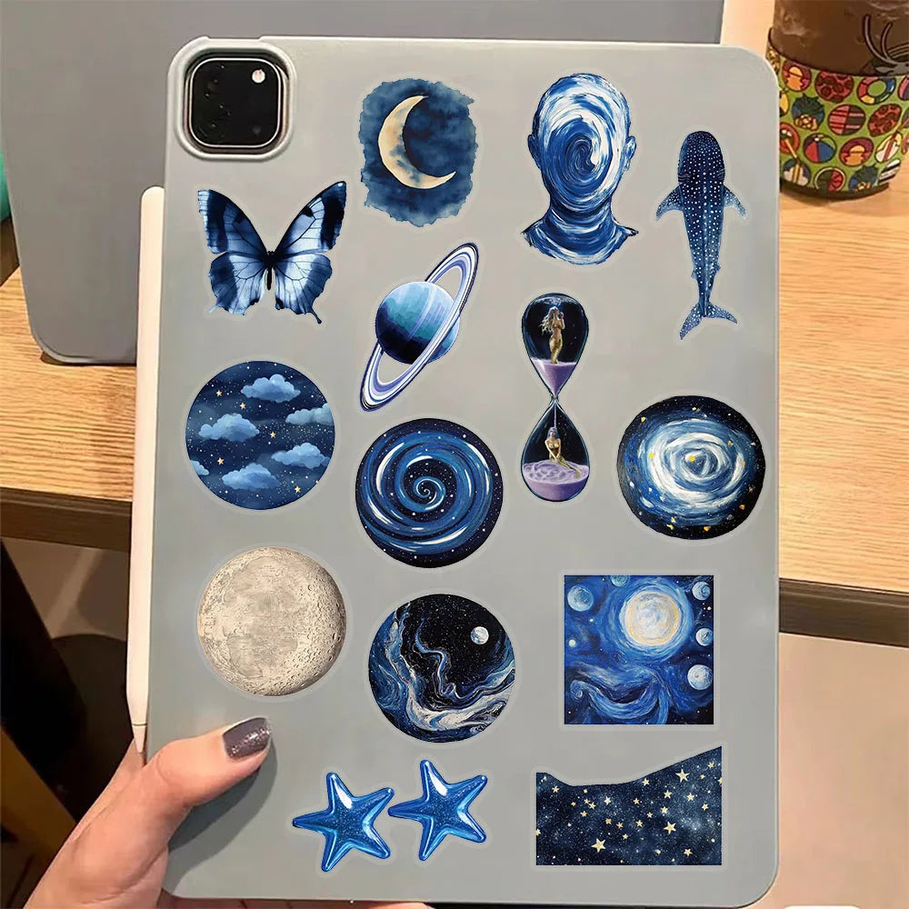 sticker adhésif galaxie planètes astronaute cerveau humain bleu noir blanc détaillé 50pcs