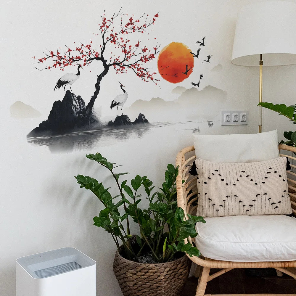 autocollant mural paysage oriental coucher soleil art traditionnel japonais oiseaux montagnes lanternes chambre salon