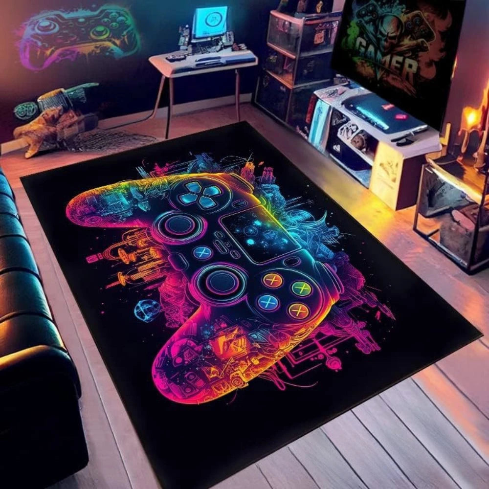 tapis jeu chambre garçon motif manette gamer flammes bleu violet décoratif antidérapant lavable