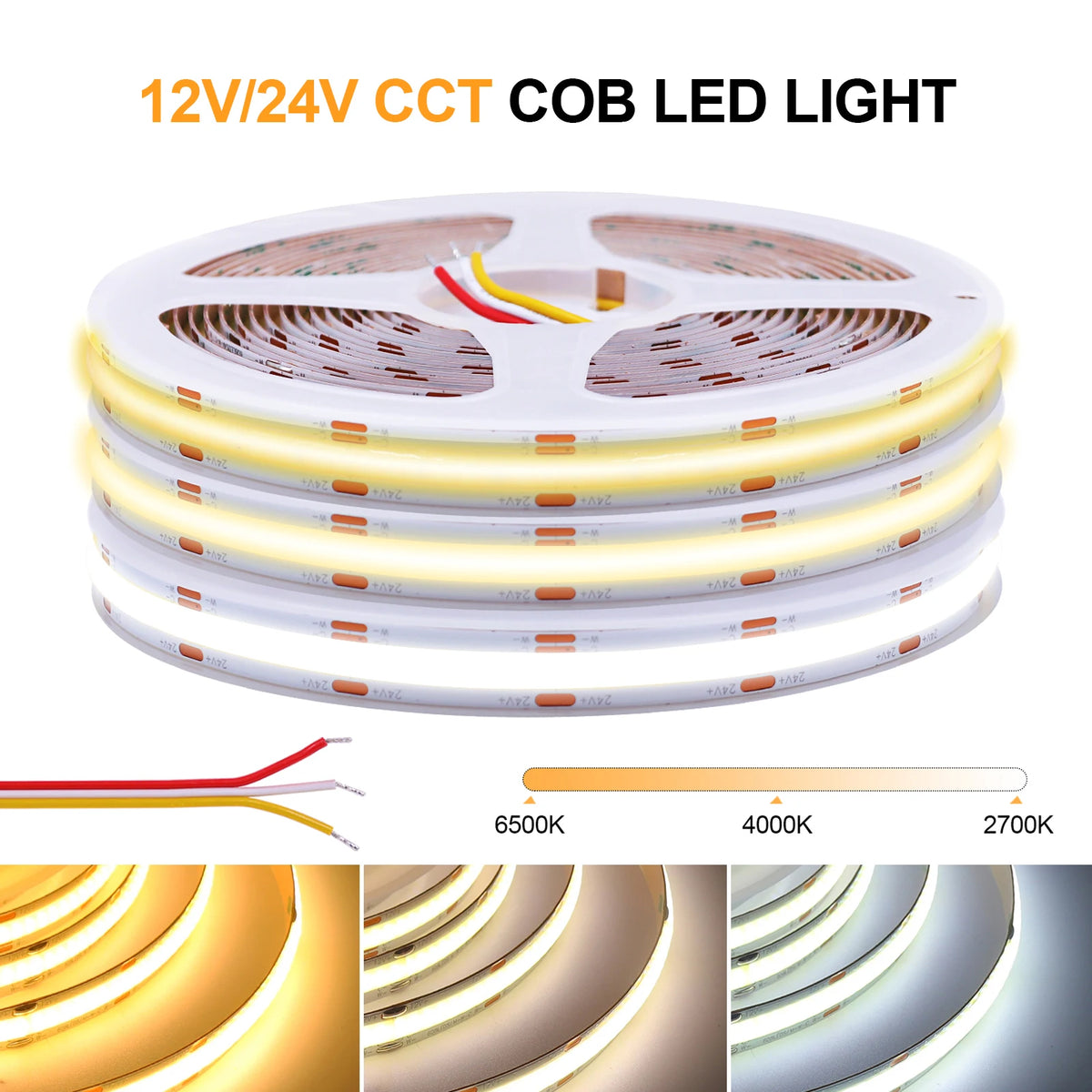ruban led cob blanc jaune flexible moderne adhésif ip67 waterproof 12v 24v 608ledsmètre hautedensité