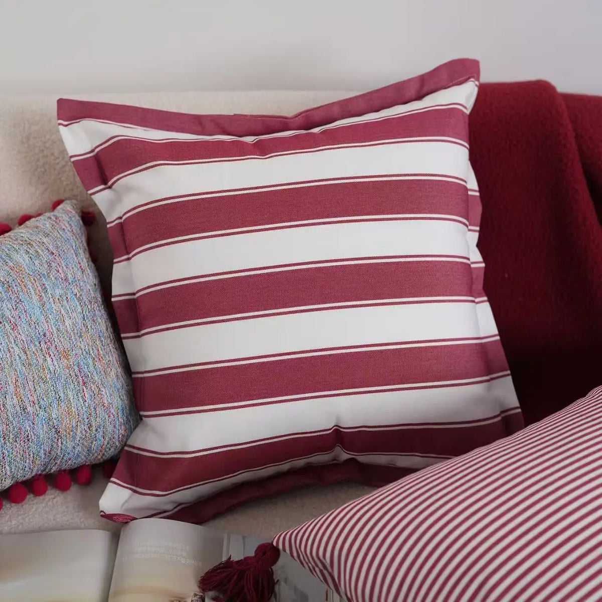 housse coussin rayées rouge blanc nordique moderne polyester coton décoration intérieure voiture 45x45cm 30x50cm