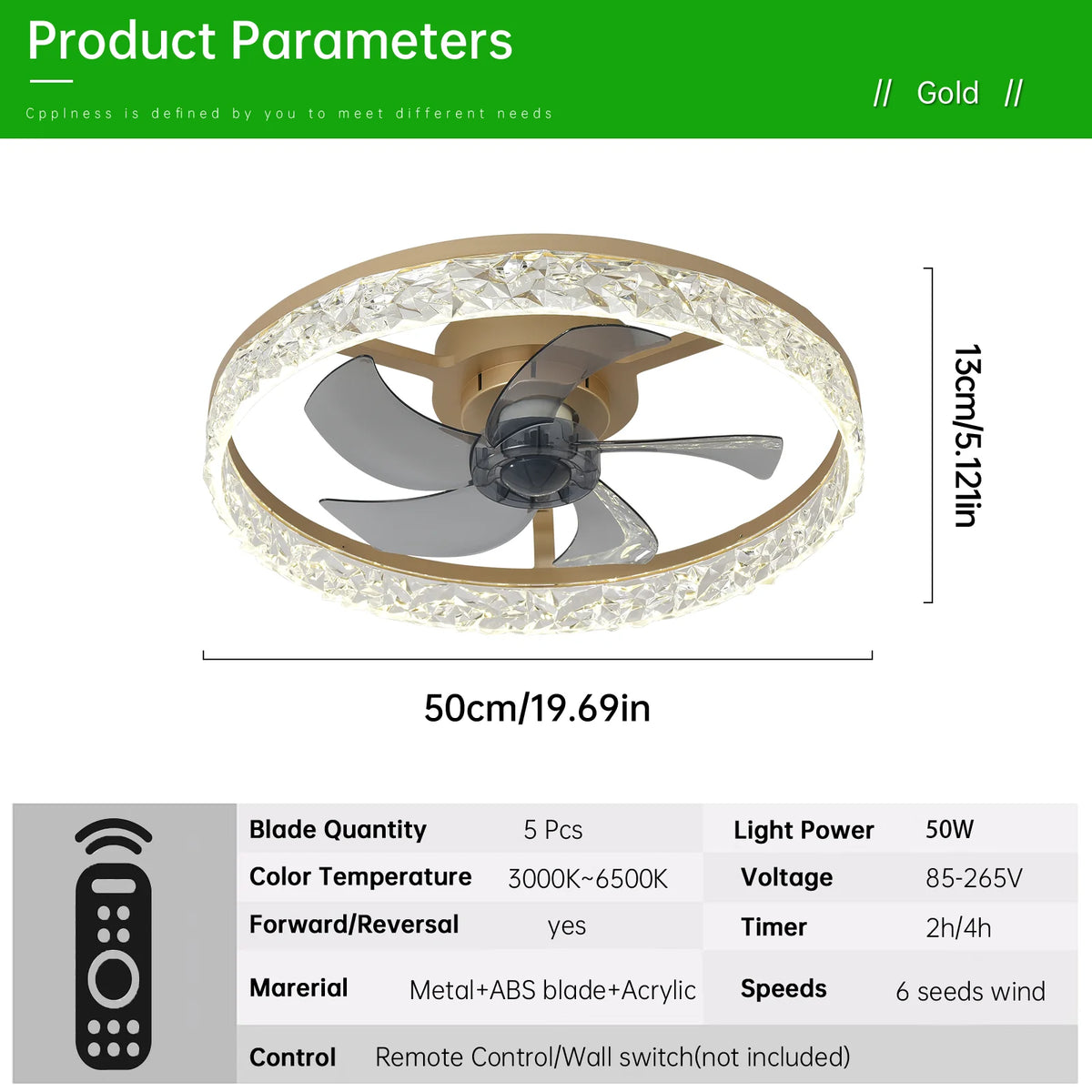 ventilateur led moderne télécommande blanc doré noir strass floral élégant chambre salon