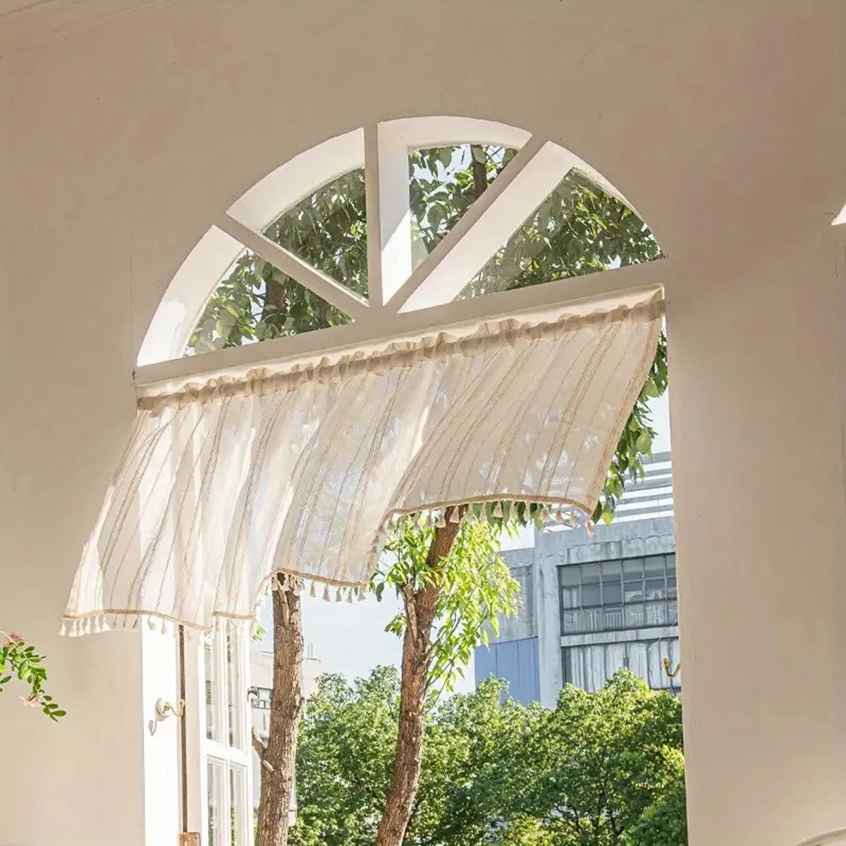 rideau bohème beige rayé translucide champêtre tringle rideau inclus(franges décoratives)