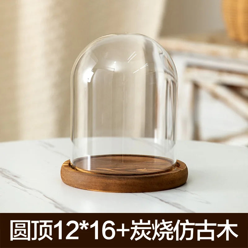 cloche verre transparent base bois bougie parfumée pinçon décoratives