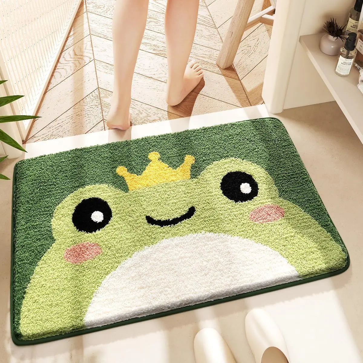 tapis bain antidérapant polyester feutre décoratif carreaux géométriques souriant vert clair bleu marine