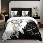 ensemble literie motif ethnique blanc noir plumes dorées housses couette deux taies oreillers abstrait