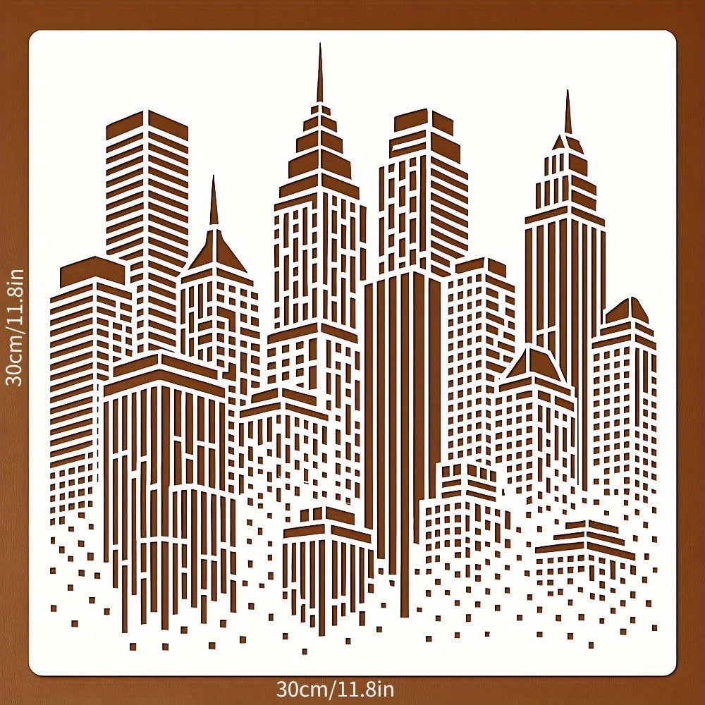 Stencil mural moderne gratte ciel stylisé noir blanc adhésif 30cm bleu geometrique