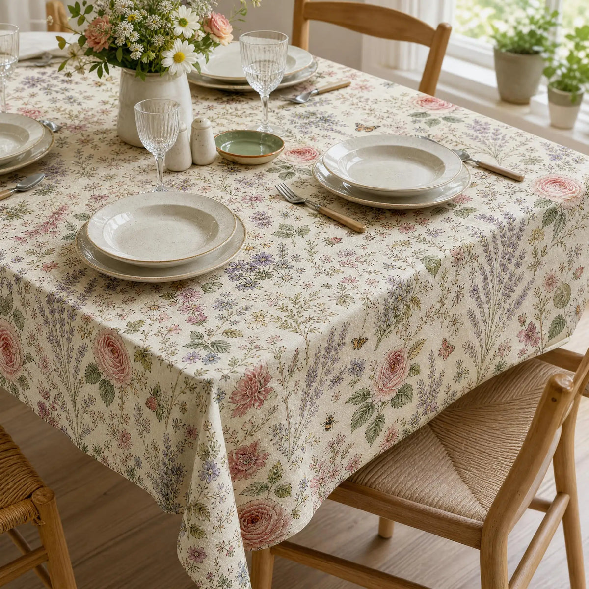 nappe table motifs floraux papillons blanc cassé rose violet verte festive champêtre romantique vintage