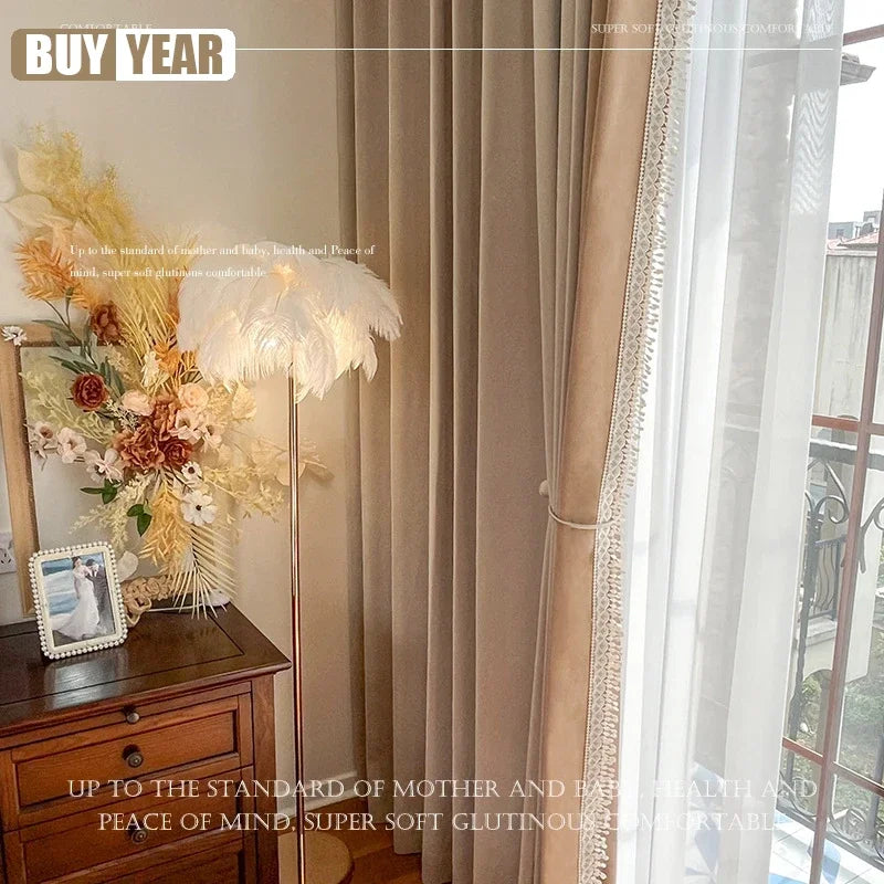 rideau moderne polyester beige clair foncé dentelle blanche opacité élégant français moderne maison