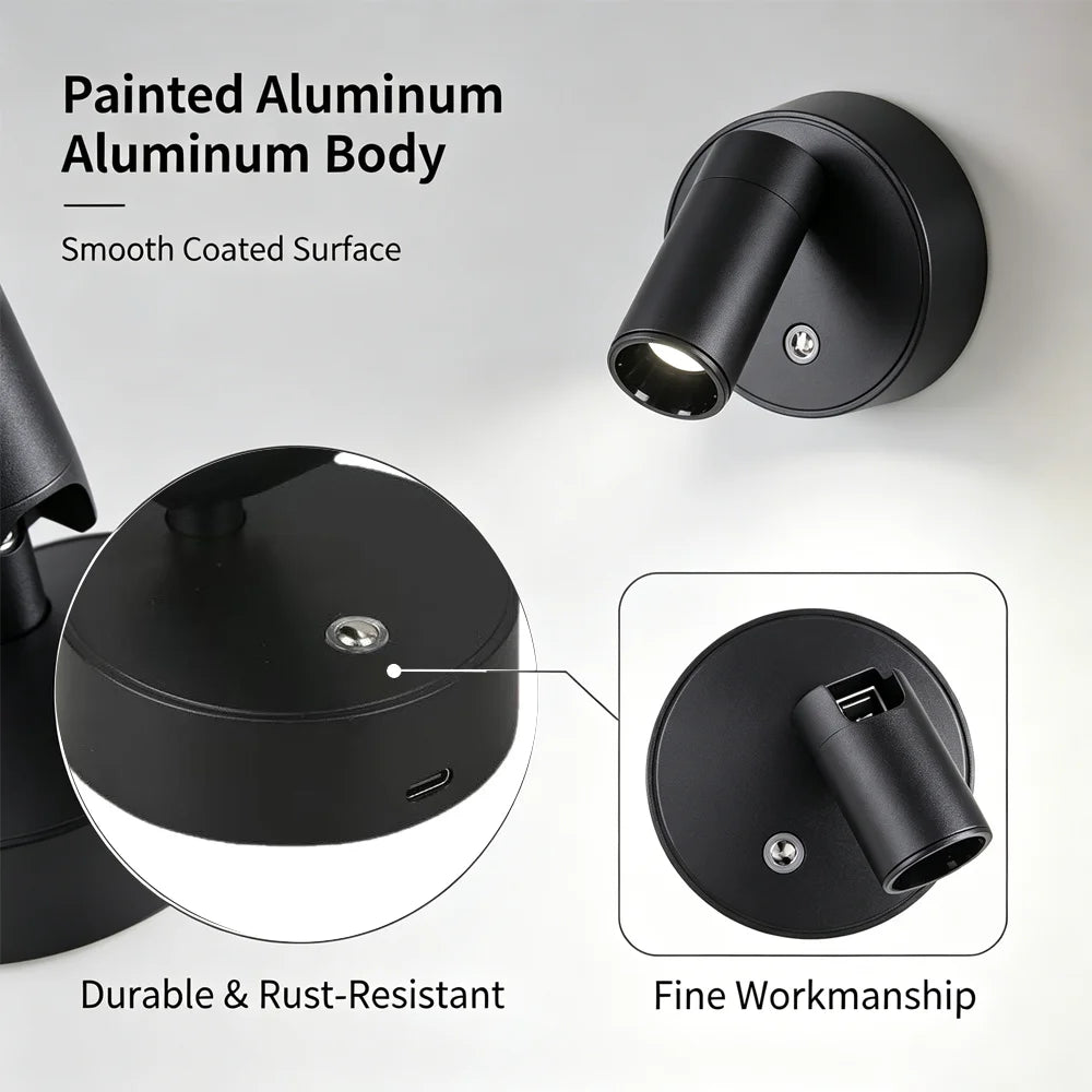 lampe murale spot magnétique rechargeable led noir moderne vis usb rechargement