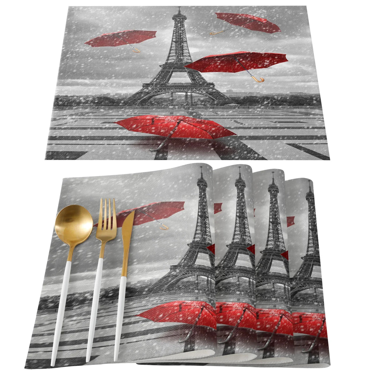 serviettes table imprimées tour eiffel fleurs cerisier moderne rose gris beige