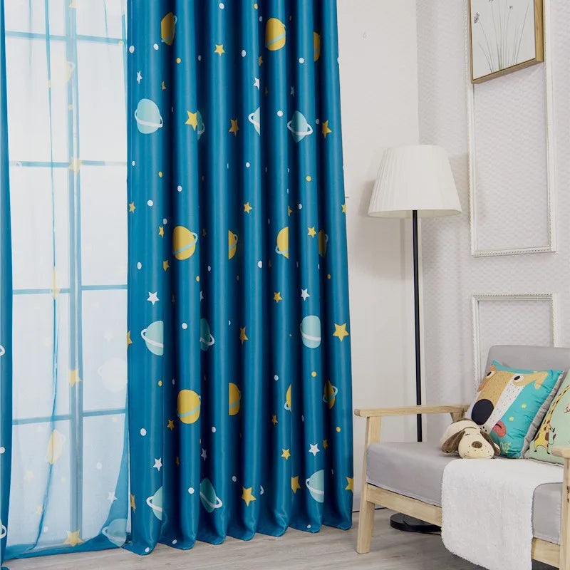 rideau planètes bleu étoiles moderne opacité ruban fixation chambre enfant bleu jaune blanc