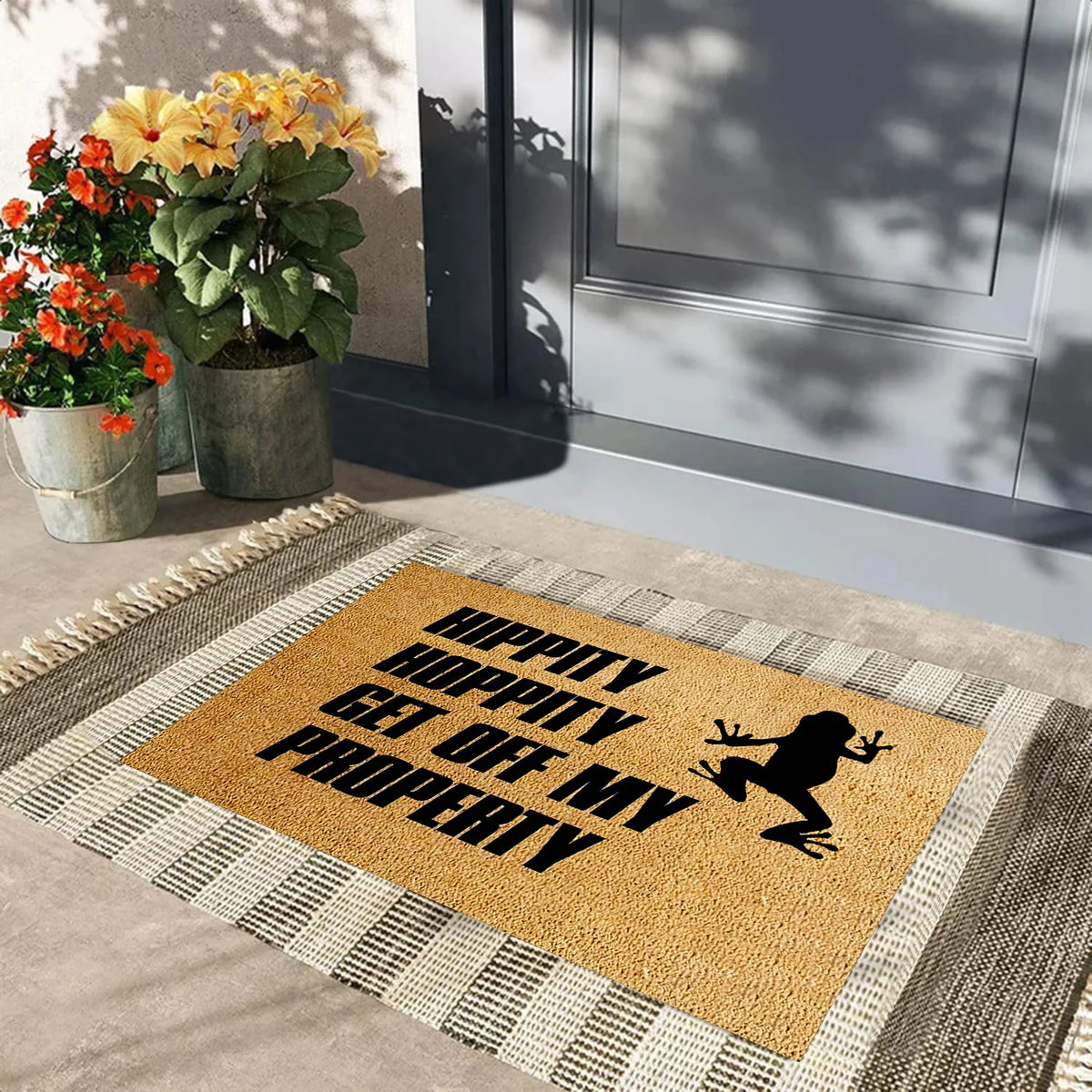 tapis d'entrée marron clair antidérapant résistant bactéries silhouette grenouille texte amusant porte solextérieur
