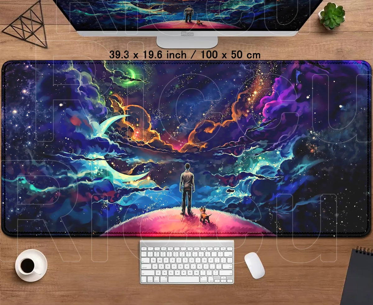 tapis souris gaming large taille bleu violet nuages étoiles antiderapant moderne