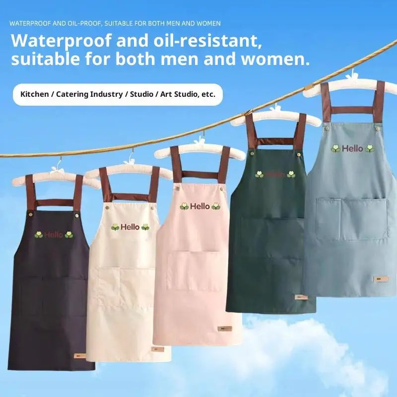 tablier cuisine imperméable brodé hello moderne noir beige bleu clair vert foncé poches épaulettes