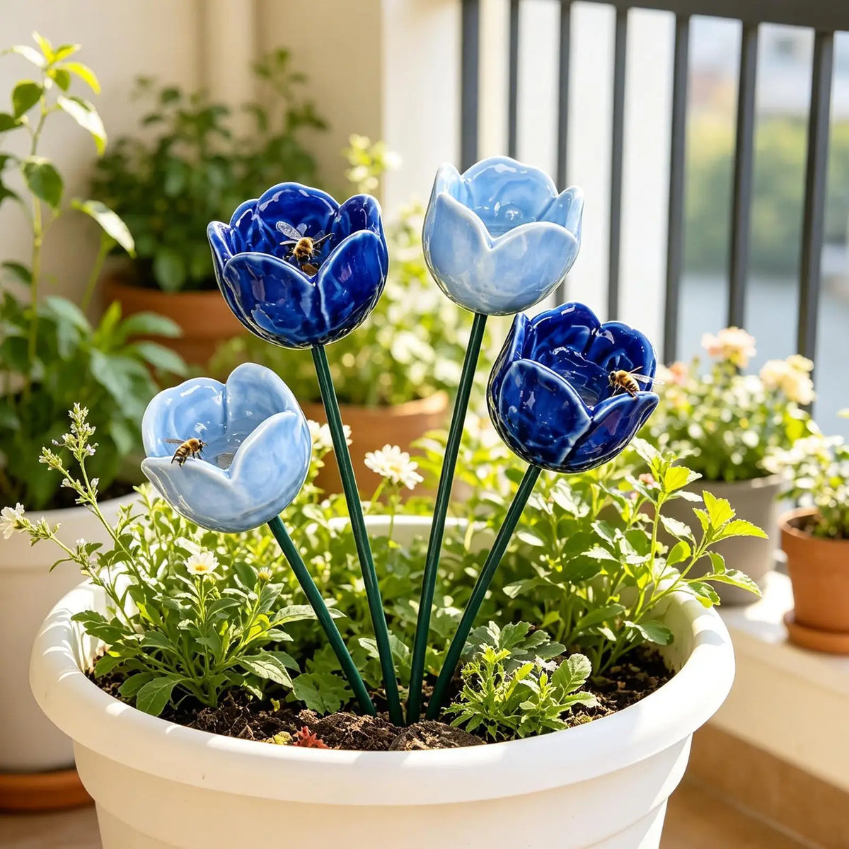 fleurs artificielles céramique bleu blanc modernes jardin decoration abeilles pollinisation tulipes extérieur