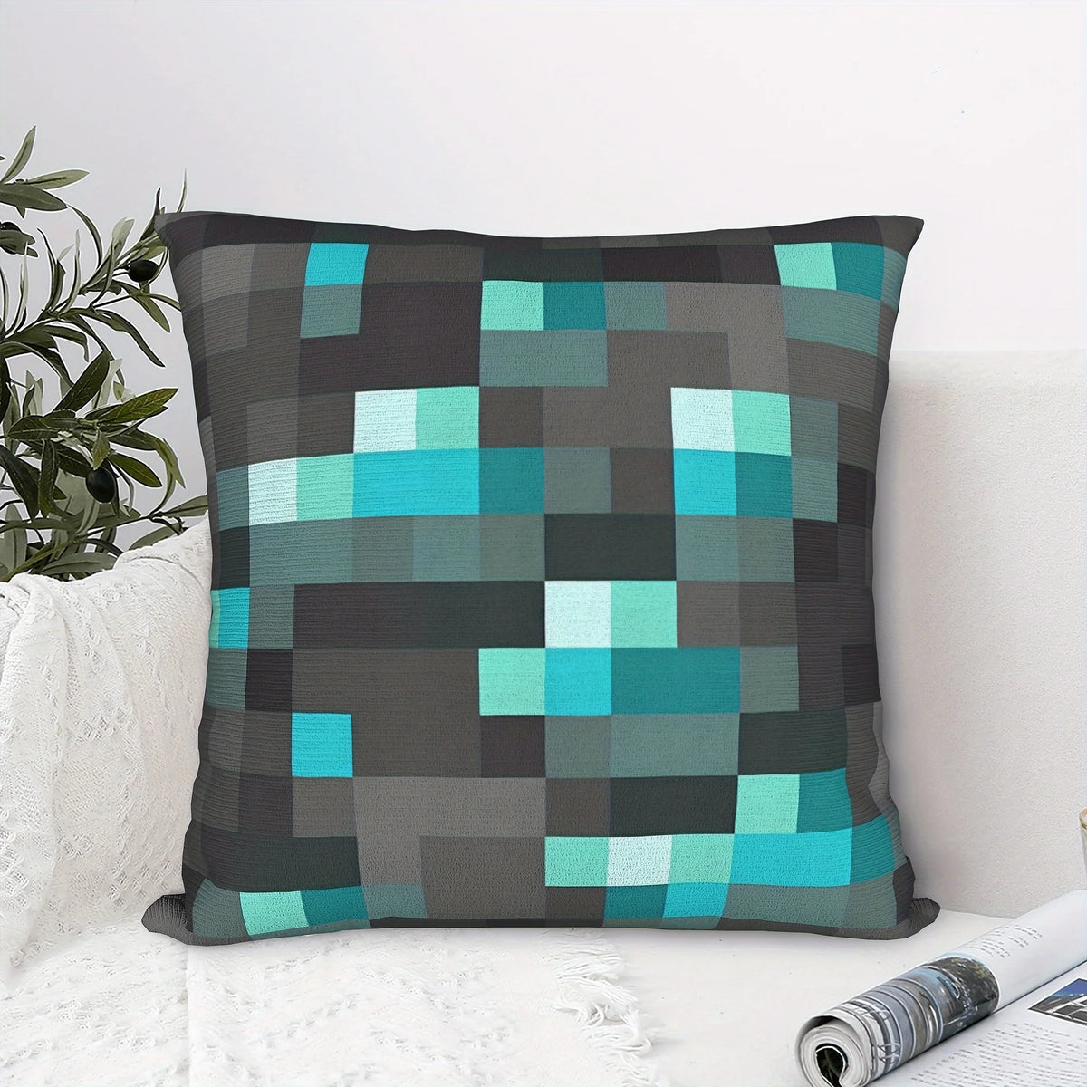 housse coussin carré moderne motif géométrique bleu gris noir polyester lit décoration chambre enfant