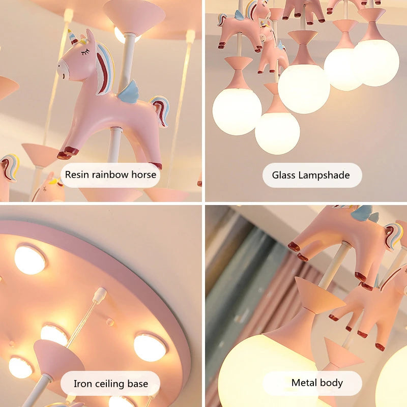 suspension lumineuse verre résine chevaux arc ciel moderne bleu rose enfant blanc contemporain