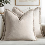 coussins décoratifs bohèmes lin texturé franges blanc cassé vert olive gris