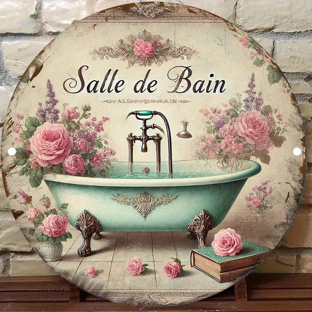 plaque décorative bois fleurs roses vintage salle bain romantique vert clair rose beige doré