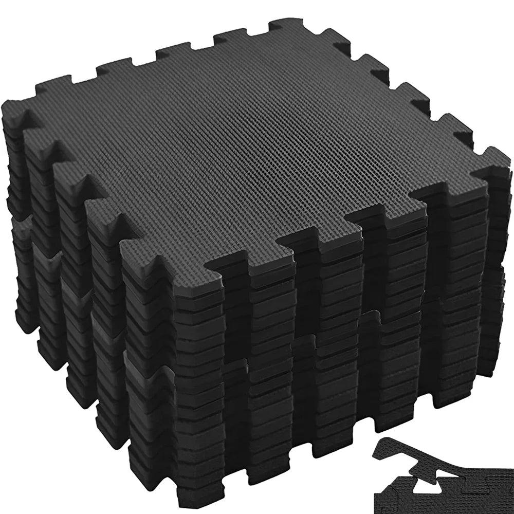 tapis sol noir puzzle géométrique moderne 30x30cm pack 16 pièces relaxation massage