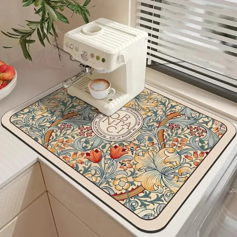 tapis cuisine moderne rectangle floral vert beige gris respectueux environnement caoutchouc
